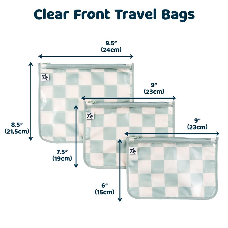 Tiny Twinkle Diaper Bag Organizing Pouches | 3 Pack Mess-Proof Clear Front Travel Organizer Bags & TSA Approved Toiletry Bag Set for Baby and Mom Essentials (Sage Checkers) - Image 2