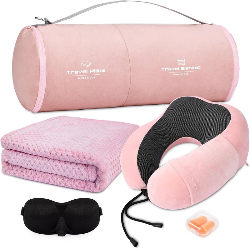 urnexttour Travel Pillow and Blanket Set Neck Pillows Soft Blankets with Sleep Mask Travel Essentials for Airplane Car Memory Foam Pink - Image 1
