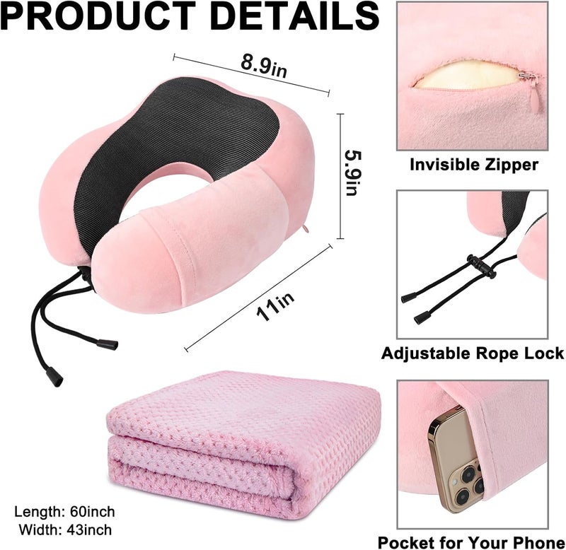 urnexttour Travel Pillow and Blanket Set Neck Pillows Soft Blankets with Sleep Mask Travel Essentials for Airplane Car Memory Foam Pink - Image 4