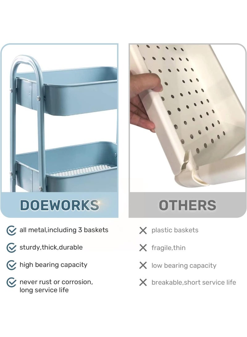 Spaceshoop 3 Tier Storage Cart Metal Rolling Trolley Cart Blue - Image 3