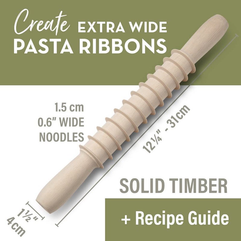 Country Trading Co. Wooden Pasta Cutter Pappardelle Pasta Maker Rolling Pin Made in Italy with Pasta Recipes - Image 2