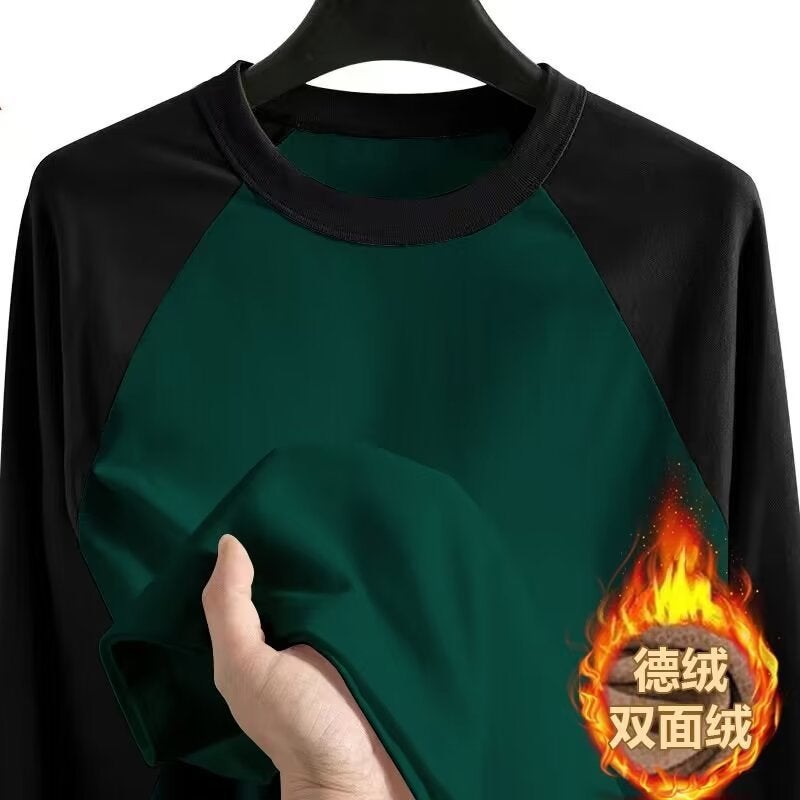 Boys Raglan Sleeve Long-Sleeved T-Shirt With Fleece Base Shirt Trendy Brand Loose All-Match Men'S Half-High Collar Sweater Winter - Image 1