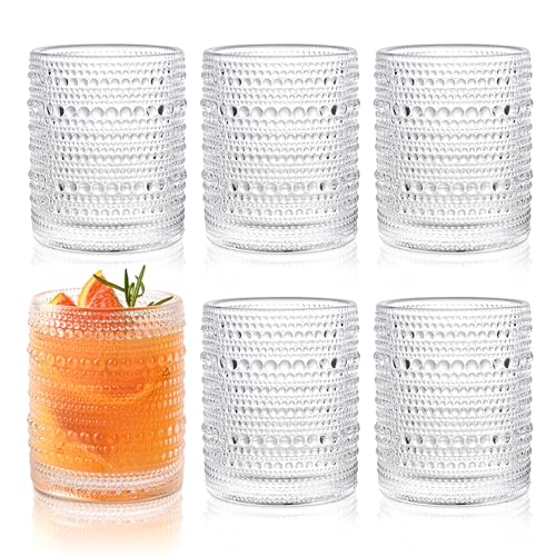KMIGRUAN Hobnail Drinking Glasses Set of 6,12oz Vintage Glassware Embossed Vintage Water Cups Cocktail Glasses Juice Glasses - Image 1