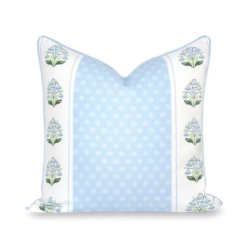 Hofdeco Premium Grandmillennial Coastal Hampton Patio Indoor Outdoor Throw Pillow Cover Only 20x20 Water Repellent for Backyard Couch Poolside Blue Green Print Block Striped Lily of the Valley - Image 1