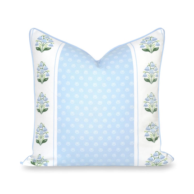 Hofdeco Premium Grandmillennial Coastal Hampton Patio Indoor Outdoor Throw Pillow Cover Only 20x20 Water Repellent for Backyard Couch Poolside Blue Green Print Block Striped Lily of the Valley - Image 2