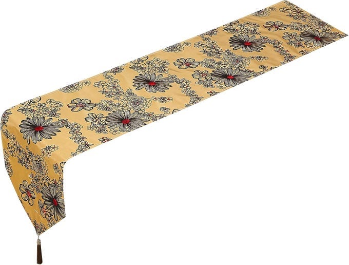 SILKY BLOOM DAISY FLOWER PATTERN FAUX SILK POLYESTER FABRIC WITH TASSLES KITCHEN DINING BANQUET RESTAURANT DINING ROOM DECOR GOLD 13 X 70 RECTANGULAR DECORATIVE TABLE RUNNER