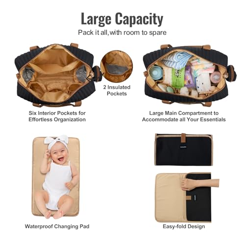 GOBABYMART Diaper Bag Tote for Moms, Baby Hospital Bag with Insulated Bottle Pockets, Changing Pad & Stroller Straps (Black) - Image 5