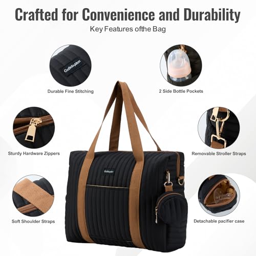 GOBABYMART Diaper Bag Tote for Moms, Baby Hospital Bag with Insulated Bottle Pockets, Changing Pad & Stroller Straps (Black) - Image 4