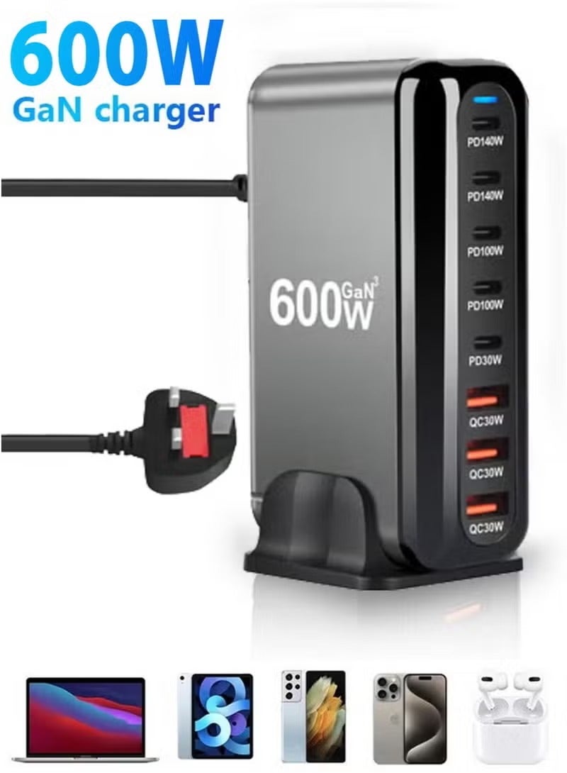YANCI 600W USB A&USB C Charger 8 Ports, Multi-ports Desktop Charging Station Power Adapter Laptop Charger, Fast Charge Wall Plug with 1.5m Power Cord Black - Image 1