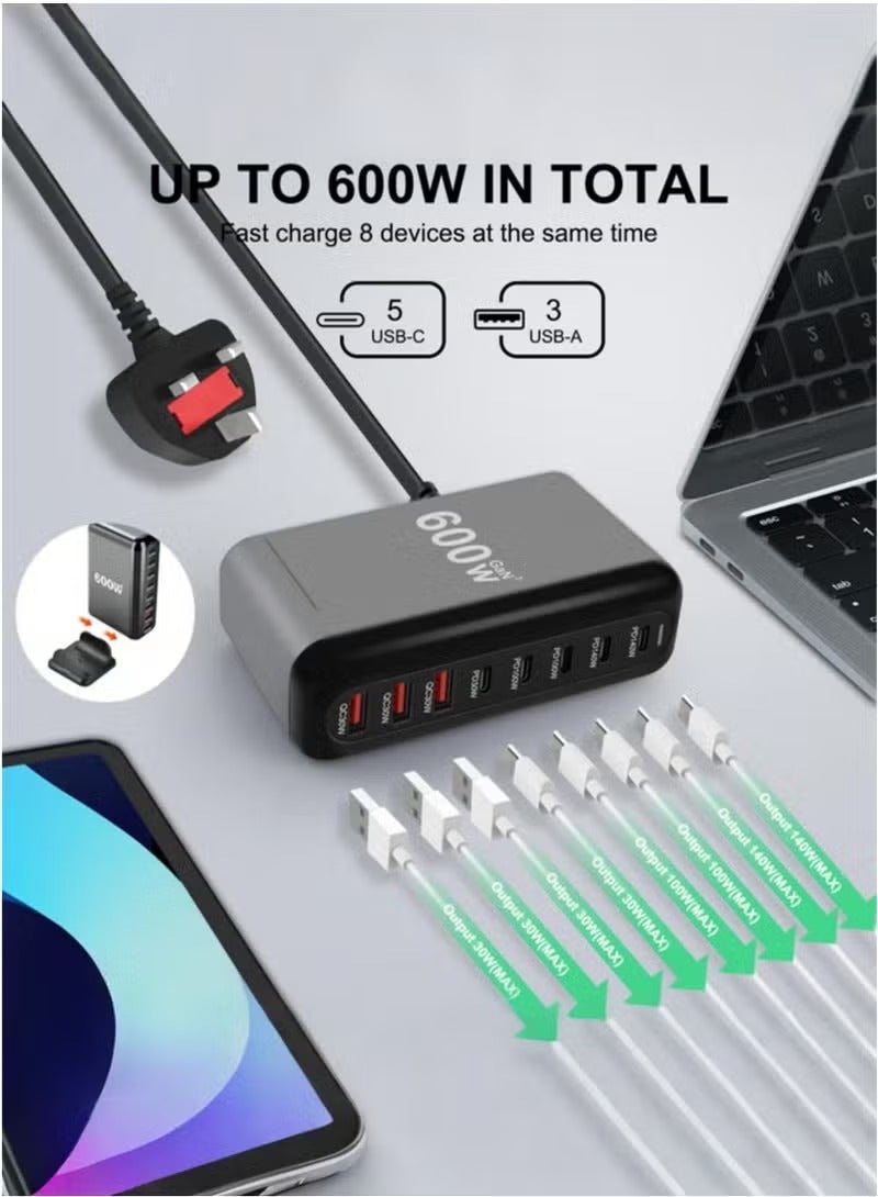 YANCI 600W USB A&USB C Charger 8 Ports, Multi-ports Desktop Charging Station Power Adapter Laptop Charger, Fast Charge Wall Plug with 1.5m Power Cord Black - Image 2
