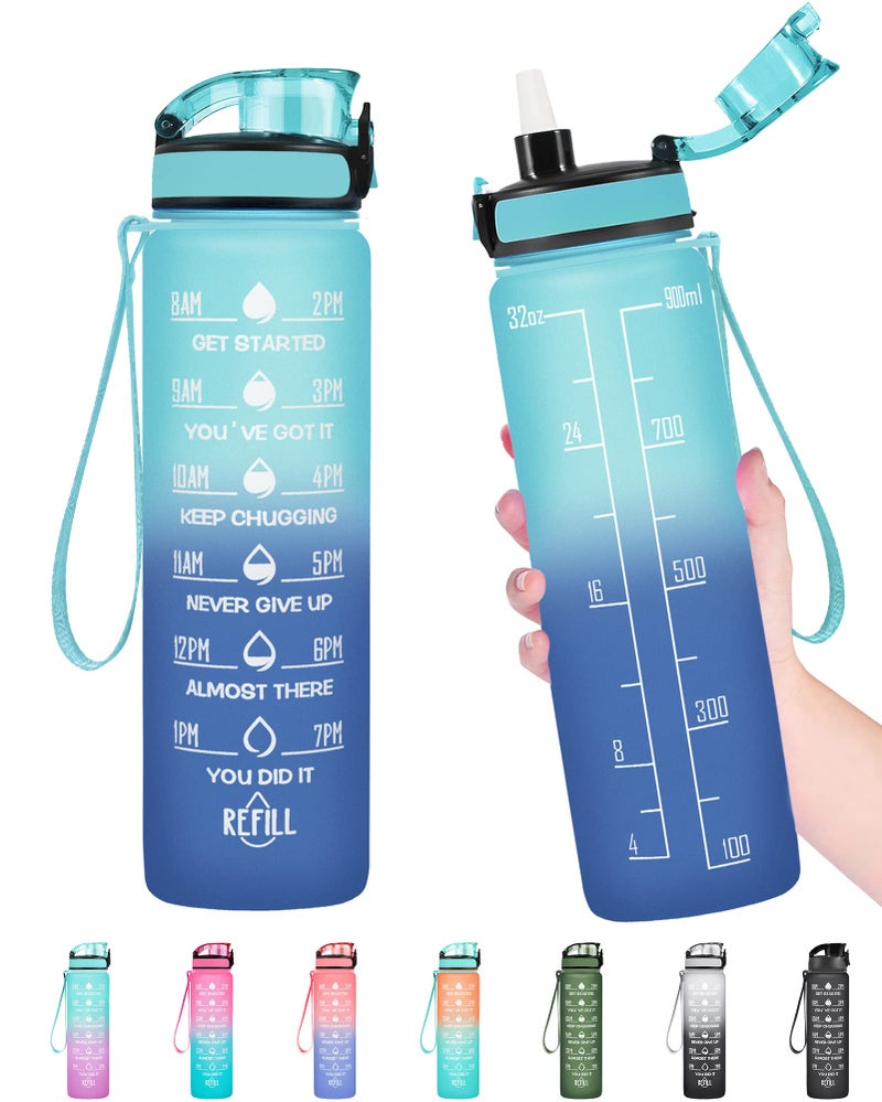Enerbone 32 oz Water Bottle  Leakproof BPA & Toxic Free  Motivational Water Bottle with Times to Drink and Straw  Fitness Sports Water Bottle with Strap for Office  Gym  Outdoor Sports  Green-Blue