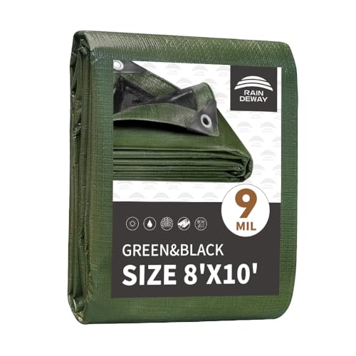 RAINDEWAY Tarps 8x10 FeetTarp Waterproof9Mil ThickFinished SizeMultipurpose Poly Tarp Cover with Metal Grommets and Reinforced EdgesGreenBlack Tarpaulin - Image 1