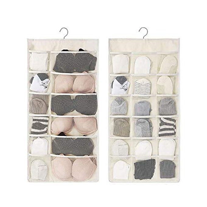 CLOSET HANGING ORGANIZER WITH MESH POCKETS ROTATING METAL HANGERDUAL SIDED WALL SHELF WARDROBE STORAGE BAGSOXFORD CLOTH SPACE SAVER BAG FOR BRA UNDERWEAR UNDERPANTS SOCKS WHITE