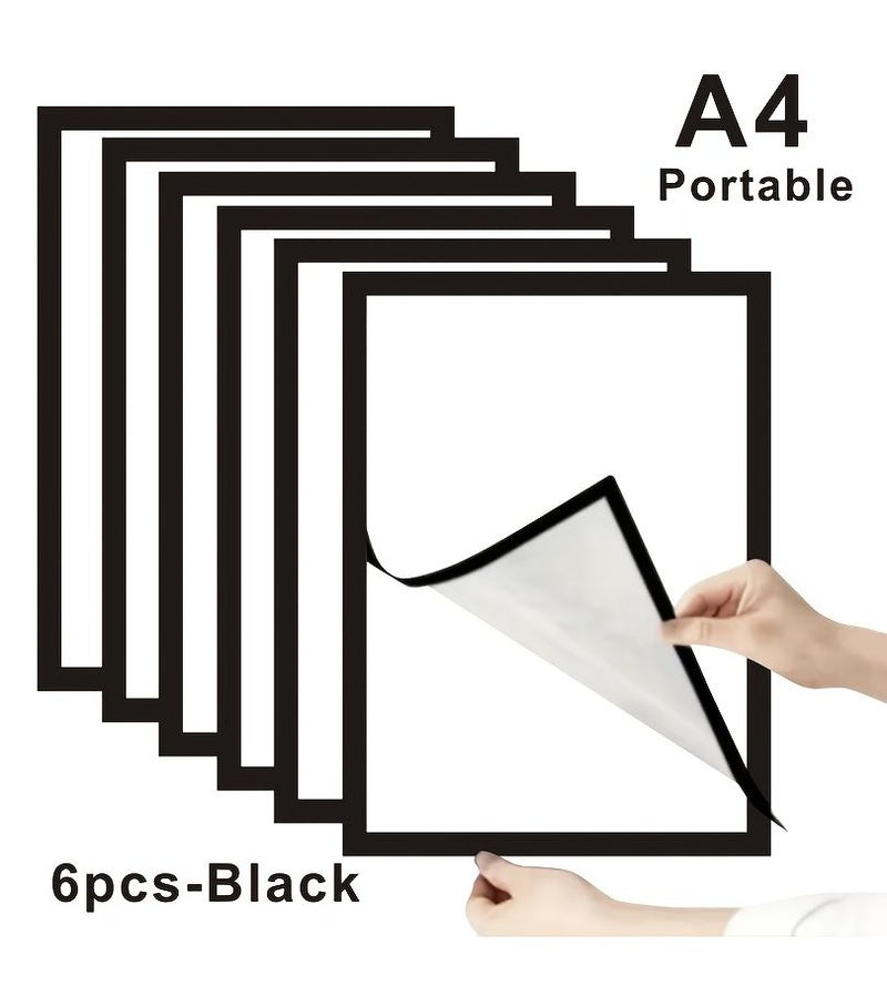Black A4 Magnetic Photo Frame Stickers Self Adhesive Wall Hanging 6pcs - Image 1