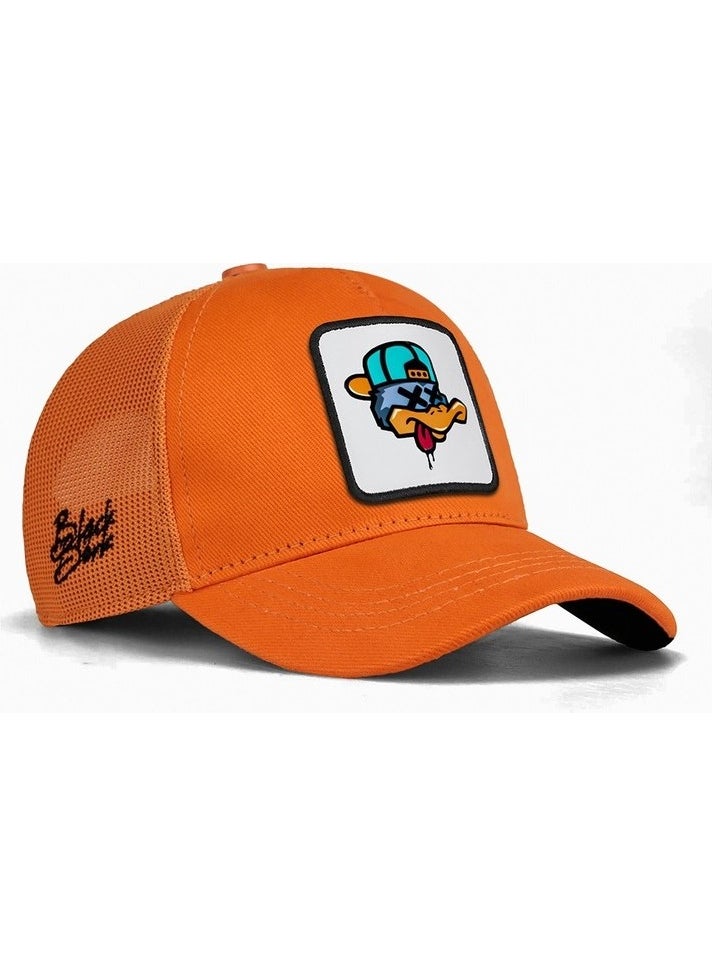 Black Börk V1 Trucker Kids Duck - 1 Code Logo Unisex Neon Orange Children's Hat  - Image 1