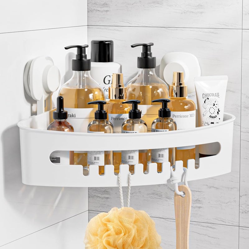 Luxear Corner Shower Shelf with Suction Cup, No Drilling Reusable, Large Wall Storage Basket for Bathroom/Bedroom/Kitchen, White, 8 kg - Image 1