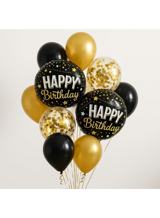 Black & Gold Balloon Set – 18inch Black Happy Birthday Foil Balloon with 12inch Black & Gold Latex Balloons & Ribbon