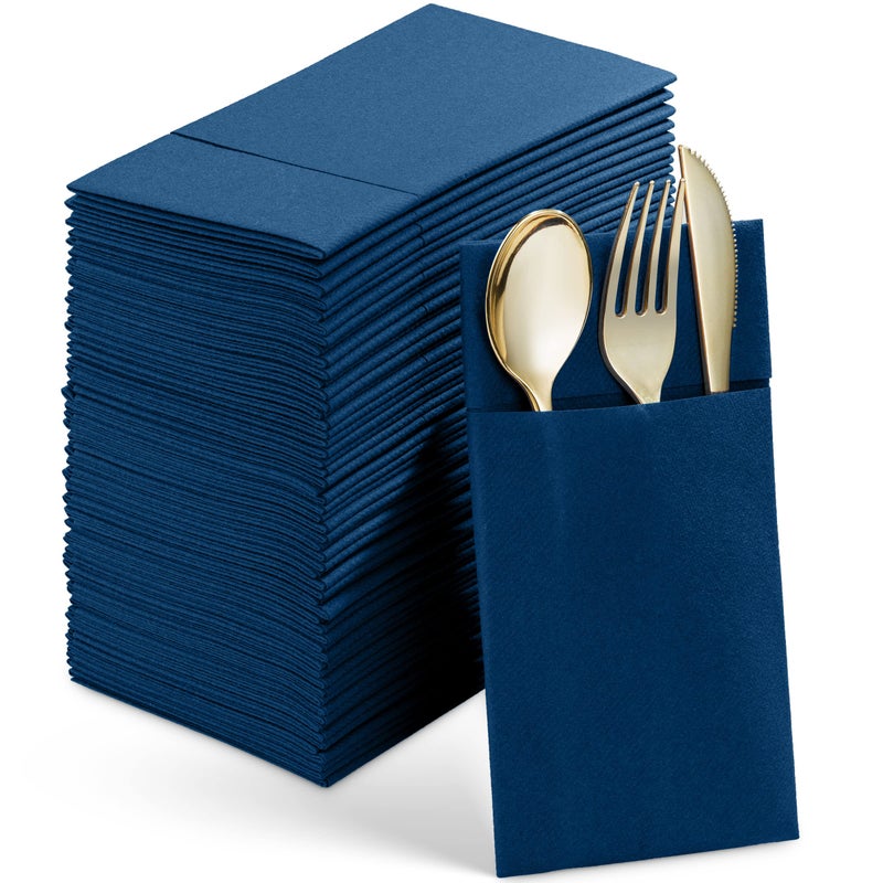 50Pack Disposable LinenFeel Dinner Napkins With Builtin Flatware Pocket BLUE Prefolded Cloth Like Paper Napkins For Wedding Dinner Or Party