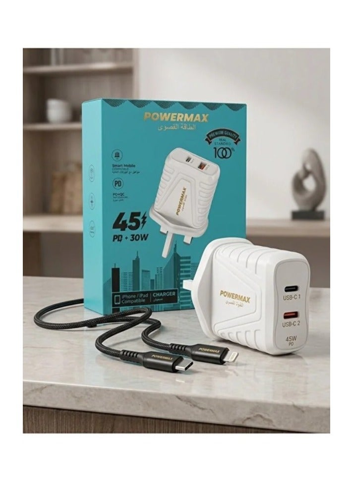PowerMax MX101 45W Fast Charger, High-Speed ​​Power Adapter with 2 USB-C Ports - White - Image 3