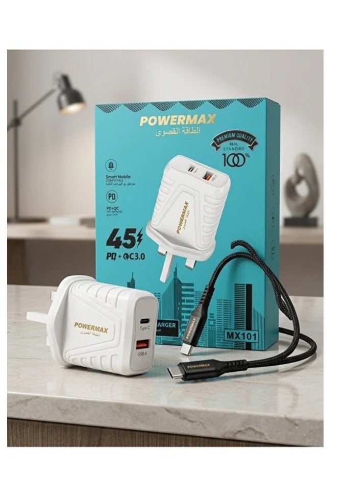 PowerMax MX101 45W Fast Charger, High-Speed ​​Power Adapter with 2 USB-C Ports - White - Image 4