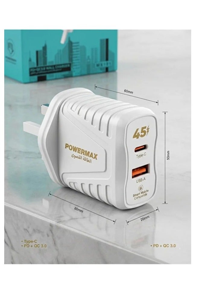 PowerMax MX101 45W Fast Charger, High-Speed ​​Power Adapter with 2 USB-C Ports - White - Image 2