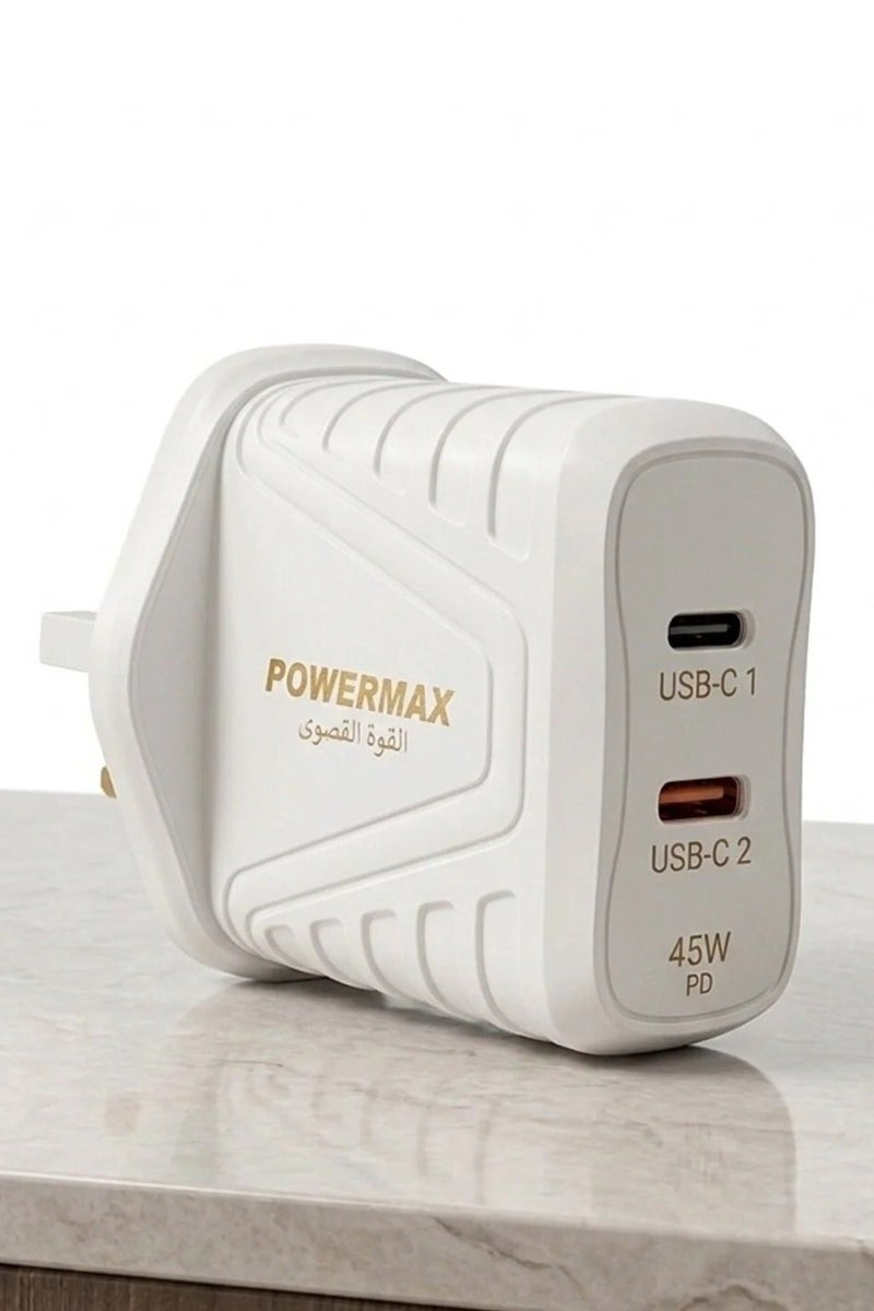PowerMax MX101 45W Fast Charger, High-Speed ​​Power Adapter with 2 USB-C Ports - White - Image 1