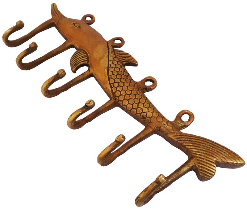 Purpledip Brass Wall Hook 'Fishy Affair': Vintage Design Coat Clothes Hanger (11732) - Image 4