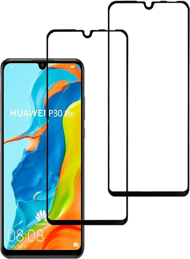 Eachy Compatible with Tempered Glass for Huawei P30 Lite Screen Protector, [Pack of 2] Full Coverage Ultra Clear Screen Protector for Huawei P30 Lite Tempered Glass Film 6.15 Inch Black