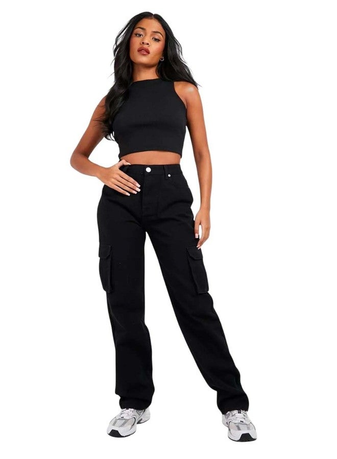 KOTTY Women's Regular High Rise Black Cargo Jeans - Image 1