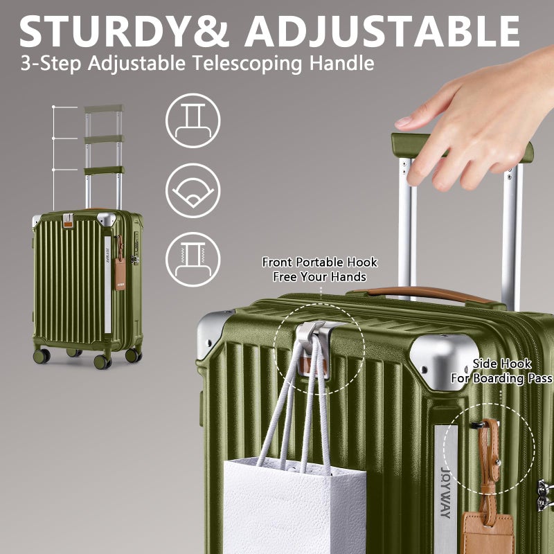 Joyway 20in Carry On Luggage with Cup Holder and USB Port, 25% Expandable Capacity, Smart Suitcase with Anti Slip Wheels and Handbag, Perfect for Men and Women 3 Piece Set DarkGreen - Image 4