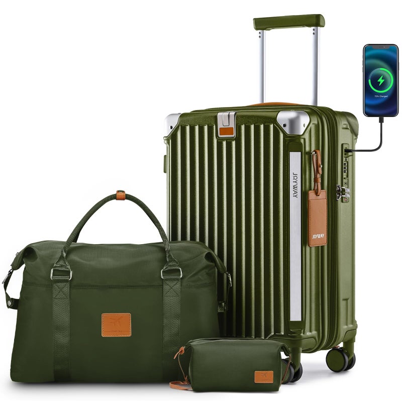 Joyway 20in Carry On Luggage with Cup Holder and USB Port, 25% Expandable Capacity, Smart Suitcase with Anti Slip Wheels and Handbag, Perfect for Men and Women 3 Piece Set DarkGreen - Image 1