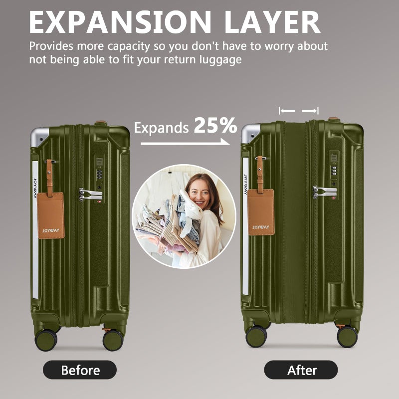 Joyway 20in Carry On Luggage with Cup Holder and USB Port, 25% Expandable Capacity, Smart Suitcase with Anti Slip Wheels and Handbag, Perfect for Men and Women 3 Piece Set DarkGreen - Image 2