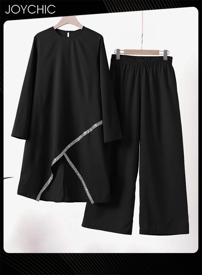 Joychic 2 Piece Leisure Muslim Clothes for Women Long Sleeve Loose Ramadan Tracksuit Islamic Clothing Blouse Wide Leg Pants Suits  - Image 2
