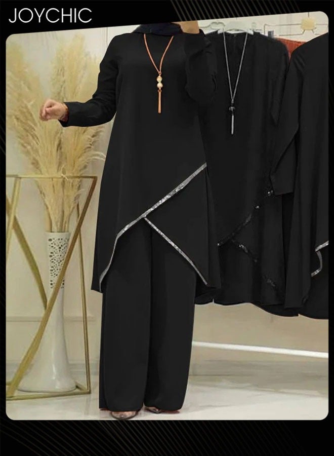 Joychic 2 Piece Leisure Muslim Clothes for Women Long Sleeve Loose Ramadan Tracksuit Islamic Clothing Blouse Wide Leg Pants Suits  - Image 1