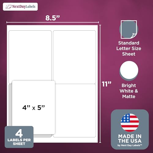 NextDayLabels – 4” x 5” Rectangular Sticker Labels for Printer - White Laser/Inkjet Printer Labels Return Address Labels Shipping Label Stickers (50 Sheets, 4 Per Sheet, 200 Labels) - Image 2