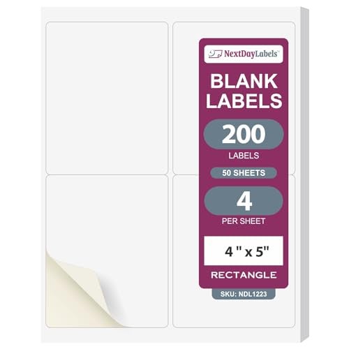 NextDayLabels – 4” x 5” Rectangular Sticker Labels for Printer - White Laser/Inkjet Printer Labels Return Address Labels Shipping Label Stickers (50 Sheets, 4 Per Sheet, 200 Labels) - Image 1