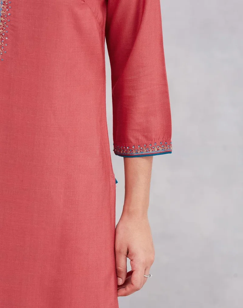 Fabindia Pink Viscose Silk Embroidered Slim Fit Long Kurta