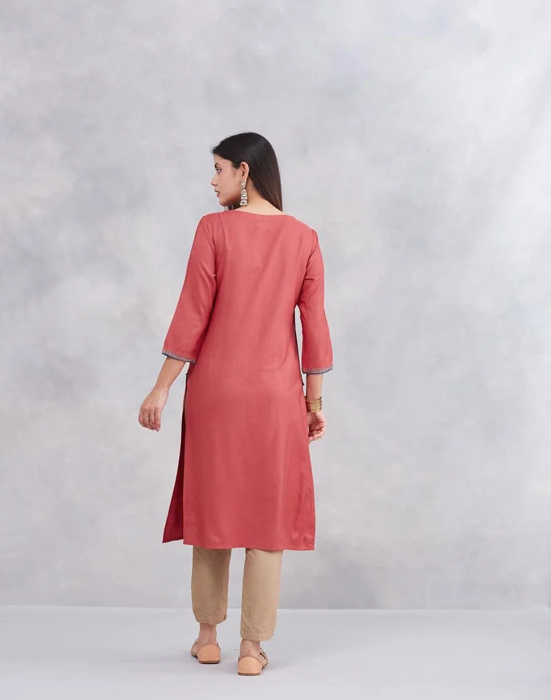 Fabindia Pink Viscose Silk Embroidered Slim Fit Long Kurta