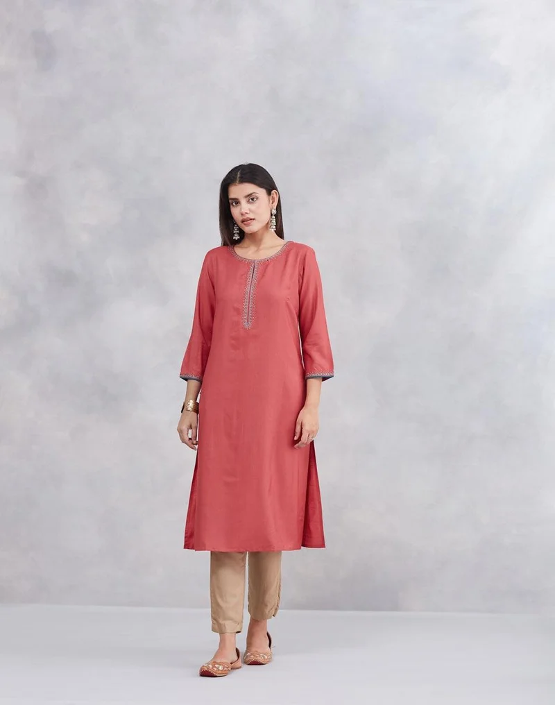 Fabindia Pink Viscose Silk Embroidered Slim Fit Long Kurta
