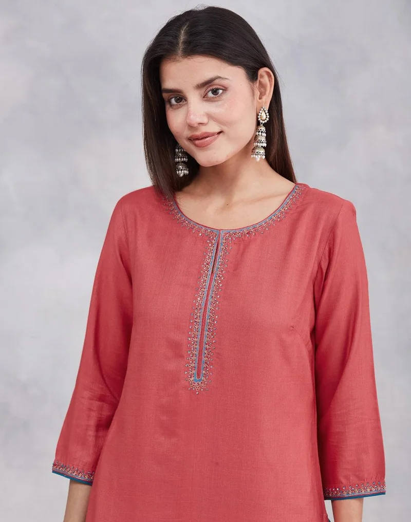 Fabindia Pink Viscose Silk Embroidered Slim Fit Long Kurta