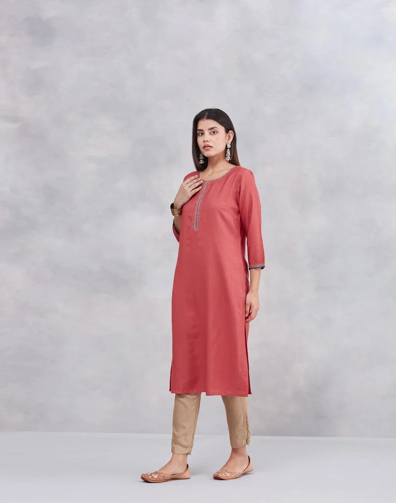 Fabindia Pink Viscose Silk Embroidered Slim Fit Long Kurta