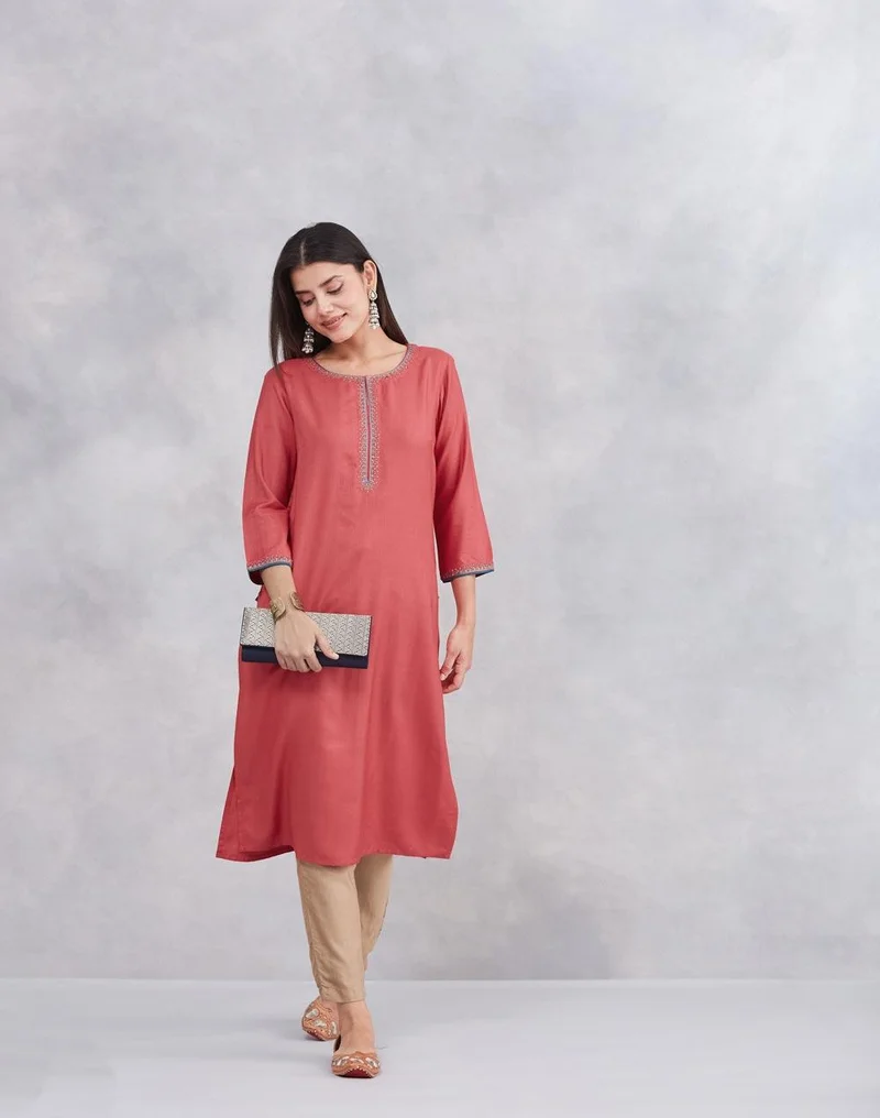 Fabindia Pink Viscose Silk Embroidered Slim Fit Long Kurta