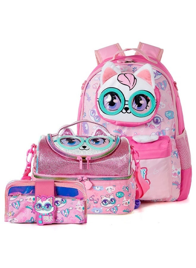 Ominii 3PCS Girls School Backpack Set with Lunch Bag & Pencil Case, Cute Cat School Backpack, Large Capacity Water-Resistant Bookbag for Girls Ages 5–12 - Image 2