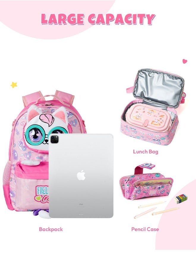 Ominii 3PCS Girls School Backpack Set with Lunch Bag & Pencil Case, Cute Cat School Backpack, Large Capacity Water-Resistant Bookbag for Girls Ages 5–12 - Image 4