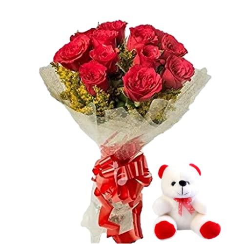 Floralbay Floralbay Teddy Day Special Fresh Flowers Gorgeous Bunch of 10 Red Roses in Cellophane Packing With 6 Inch Teddy Bear