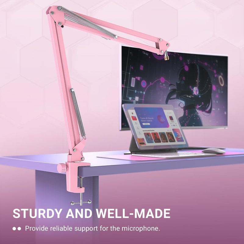 FIFINE Boom Arm Mic Stand, Microphone Arm with Desk Mount for Podcast Streaming Gaming Home Studio, Metal Suspension Scissor Boom Mic Stand-CS1 Pink - Image 2