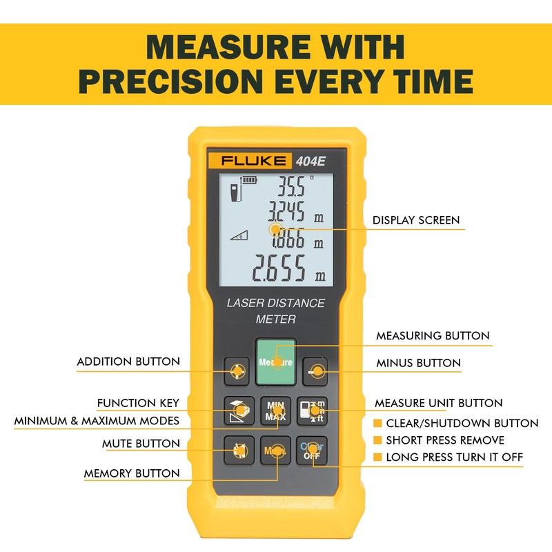FLUKE 404E مقياس مسافة ليزر رقمي 40 متر مع حقيبة حمل مجانية شاشة LCD كبيرة مقاومة للغبار والماء IP54 قياس المسافة والمساحة والحجم (ضمان سنة واحدة) - Image 2