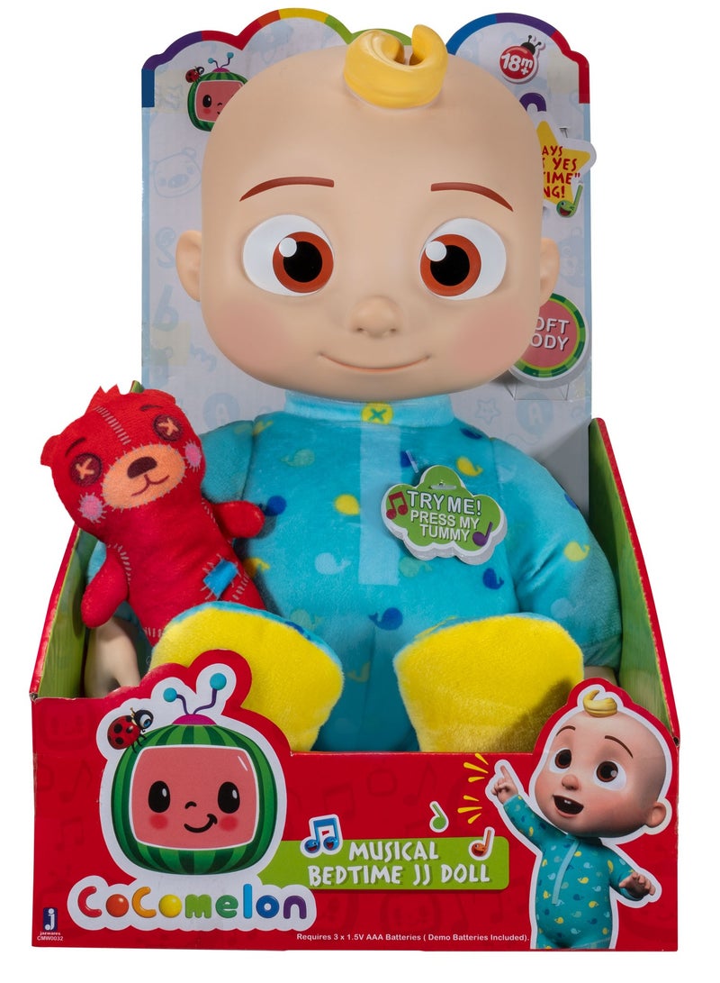 Jazwares Cocomelon Doll Roto Bedtime JJ with Teddy Bear 11-Inches, Battery Operated | Press the Tummy to Activate Musical Sounds & Phrases! | Soft Toy | Interactive Plush Toy for Baby and Toddler | Educational Toy | Early Learning Toy | Helps with Motor Skill Development | Perfect Gift for Baby and Toddler - Image 1