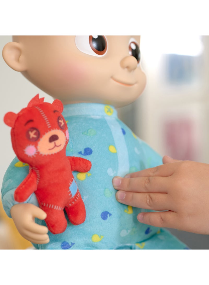 Jazwares Cocomelon Doll Roto Bedtime JJ with Teddy Bear 11-Inches, Battery Operated | Press the Tummy to Activate Musical Sounds & Phrases! | Soft Toy | Interactive Plush Toy for Baby and Toddler | Educational Toy | Early Learning Toy | Helps with Motor Skill Development | Perfect Gift for Baby and Toddler - Image 5