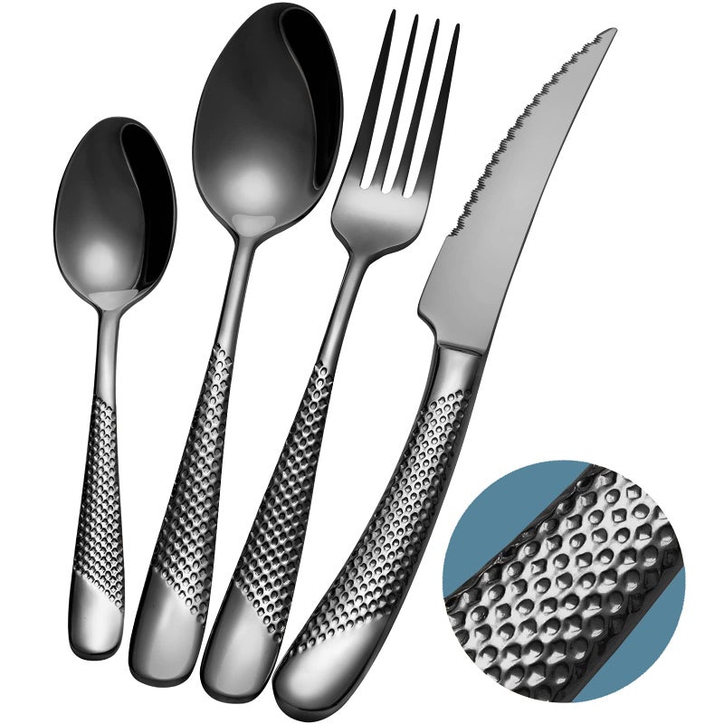 Xideman 24Piece Modern Black Hammered Cutlery Set with Ultra Sharp 2in1 Serrated Knive 1810 Stainless Steel Silverware Set Titanium Plated Flatware Set for 6 People Knives Forks Spoons Set